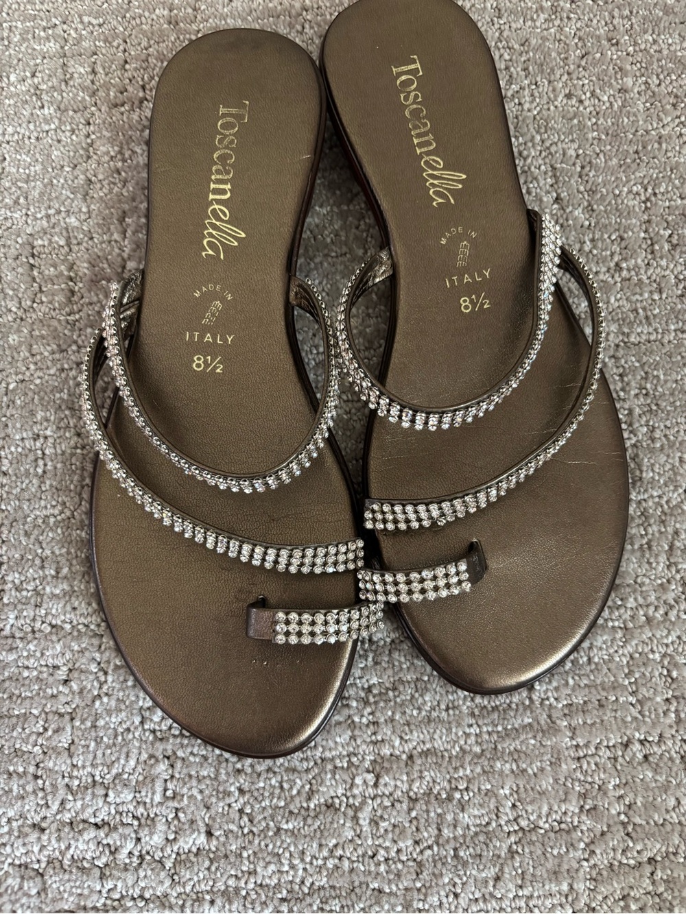 Toscanella Bronze Rhinestone Strappy Slide Sandals - Bronze